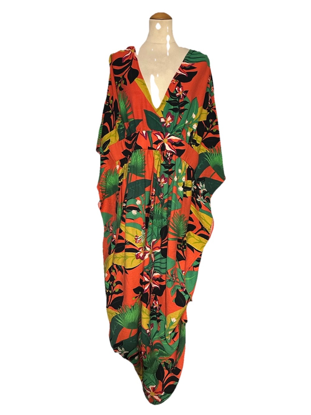 INC International Concepts Tropical Print Caftan Maxi Dress Orange Green Size 1X - Picture 2 of 7